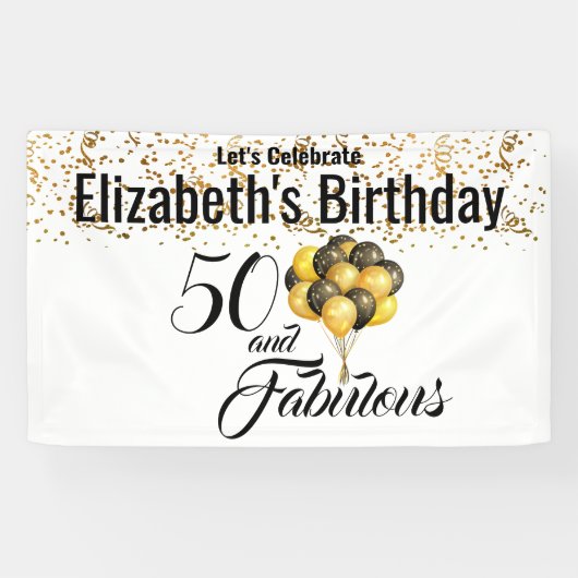 Elegant Black White Custom 50th Birthday Confetti Spandoek (Horizontaal)