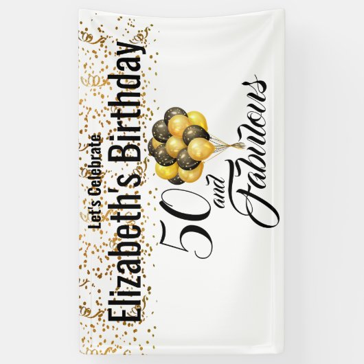 Elegant Black White Custom 50th Birthday Confetti Spandoek (Verticaal)