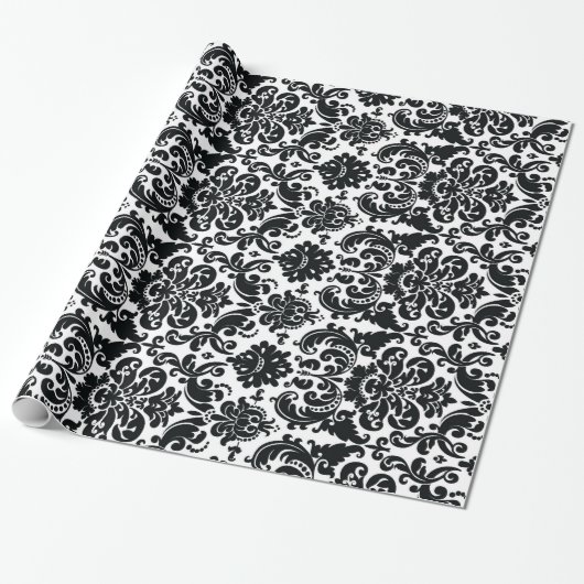 Elegant Black White Damask Pattern Cadeaupapier (Uitgerold)