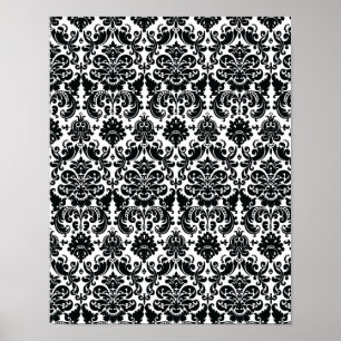 Elegant Black White Damask Pattern Poster