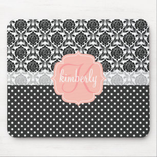 Elegant Black & White Damask Pink Girly Monogram Muismat