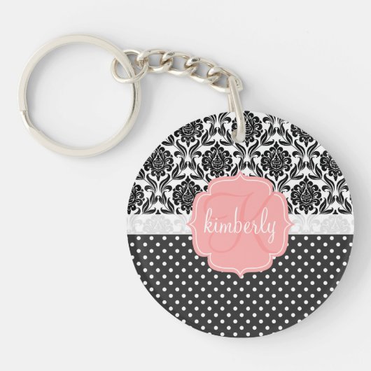 Elegant Black & White Damask Pink Girly Monogram Sleutelhanger (Voorkant)