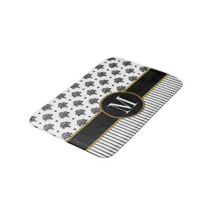 Elegant Black White Damask Stripes Gold Monogram Badmat