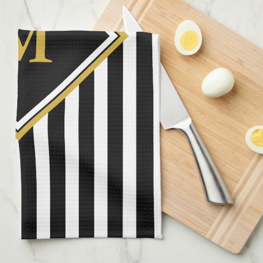 Elegant Black White en Gold Monogram Striped Theedoek (Quarter Fold)