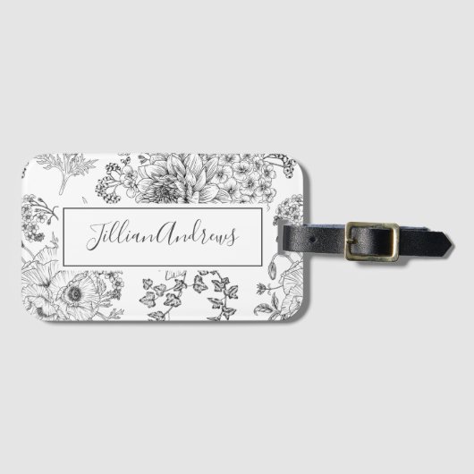 Elegant Black White Floral Design Name Script Bagagelabel (Voorkant (horizontaal))