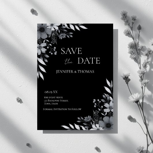 Elegant Black & White Floral Hand-Drawn Wedding Save The Date