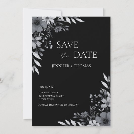 Elegant Black & White Floral Hand-Drawn Wedding Save The Date (Voorkant)