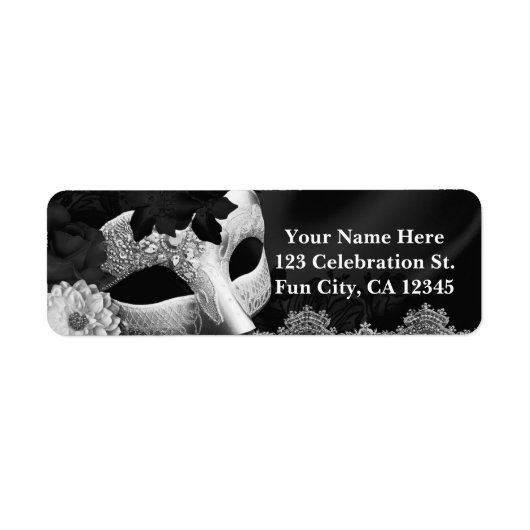 Elegant Black & White Floral Masquerade Party Etiket (Voorkant)
