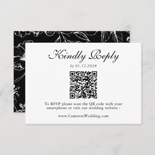 Elegant Black White Floral QR Code Wedding RSVP (Devant / Derrière)