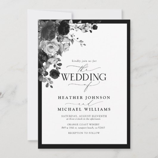 Elegant Black & White Floral Waterverf Script Kaart (Voorkant)