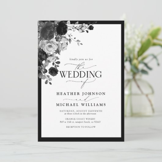 Elegant Black & White Floral Waterverf Script Kaart (Staand voorkant)