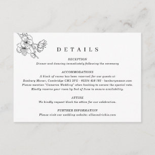 Elegant Black & White Floral Wedding Informatiekaartje