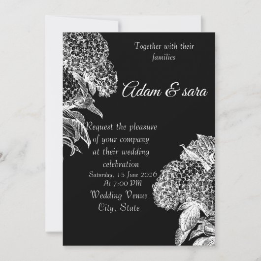 Elegant Black & White Floral Wedding Invitation (Devant)
