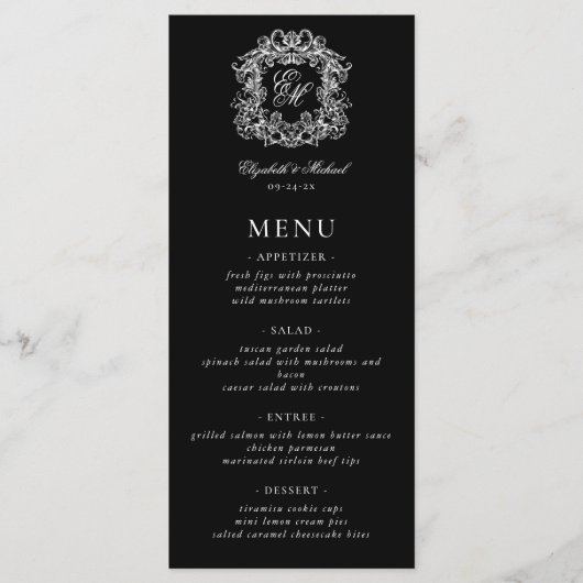 Elegant Black White Formal Monogram Crest Wedding Menu (Voorkant)
