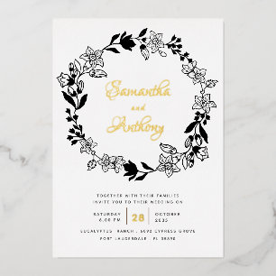 Elegant Black White Gold Floral Wreath Wedding Folie Uitnodiging