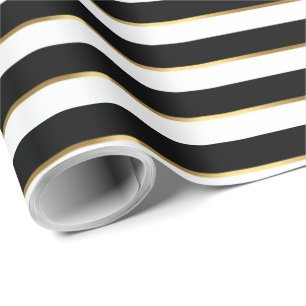 Elegant Black White Gold Horizontal Stripe Cadeaupapier