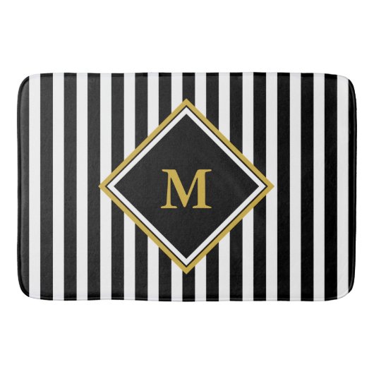 Elegant Black White Gold Monogram Striped Badmat (Voorkant)