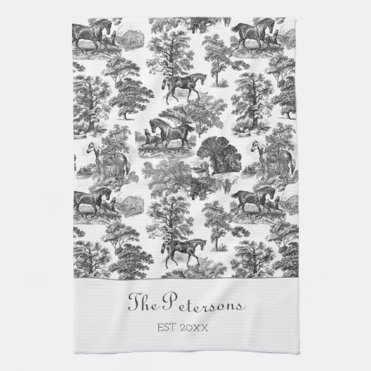 Elegant Black White Horses Toile Rustic Farmhouse Theedoek (Verticaal)