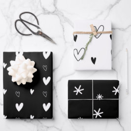 Elegant Black & White Kerstmis Hearts Snowflakes Inpakpapier Vel