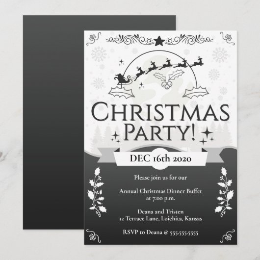 Elegant Black & White Kerstparty Kaart (Voorkant / Achterkant)