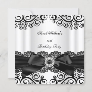 Elegant Black White Lace Bow Birthday Party Kaart