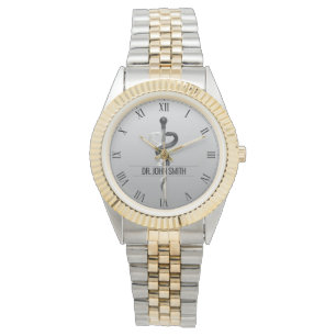 Elegant Black White Medical Asclepius Name Horloge