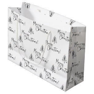 Elegant Black White Merry-kerstboompatroon Groot Cadeauzakje