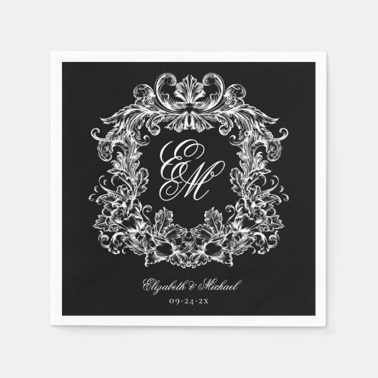 Elegant Black White Monogram Crest Script Wedding Servet (Voorkant)