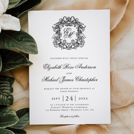 Elegant Black White Monogram Crest Wedding Kaart