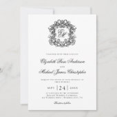 Elegant Black White Monogram Crest Wedding Kaart (Voorkant)