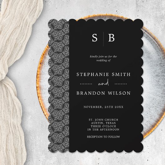Elegant Black & White Monogram Lace Wedding Kaart