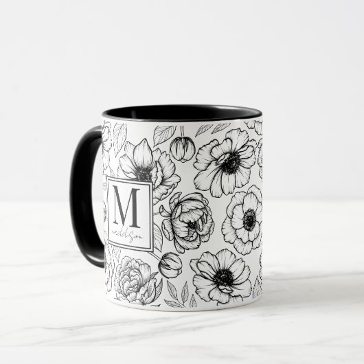 Elegant Black White Monogram Mok (Voorkant links)
