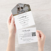 Elegant Black White Monogram QR Code Foto bruiloft All In One Uitnodiging (Afscheurbaar)
