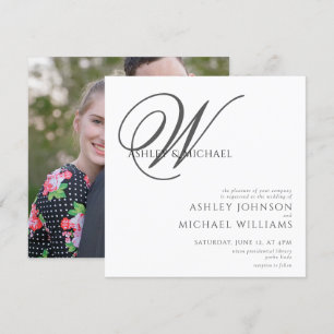 Elegant Black/White Monogram Square Photo Weduwen Kaart