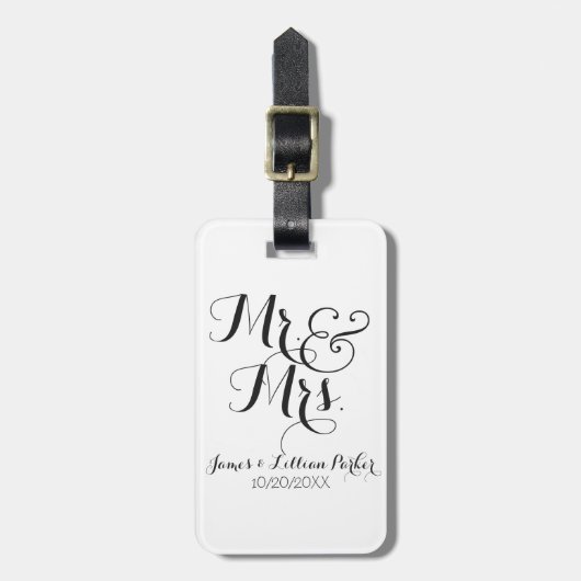 Elegant Black White Mr en Mrs Monogram Wedding Bagagelabel (Voorkant verticaal)
