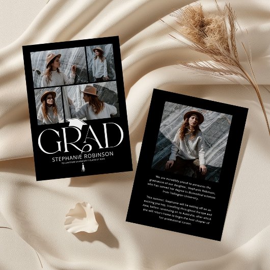 Elegant Black & White Photo Collage Graduation Aankondiging