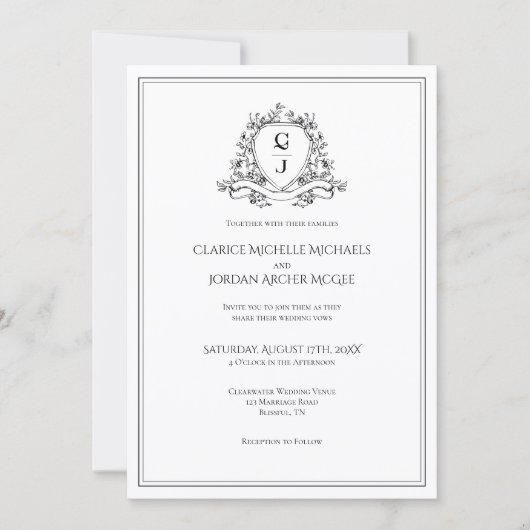 Elegant Black White Photo Monogram Crest Wedding I Kaart (Voorkant)
