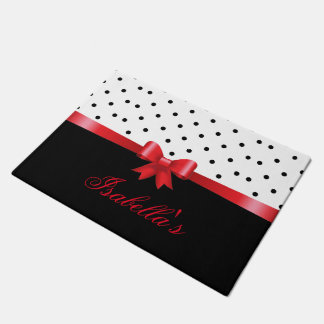 Elegant Black White polka stipt red bow personalis Deurmat