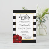 Elegant Black White Red Rose Birthday Party Kaart (Staand voorkant)