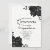 Elegant Black & White Rose Quinceanera Kaart (Voorkant)