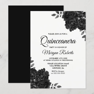 Elegant Black & White Rose Quinceanera Kaart