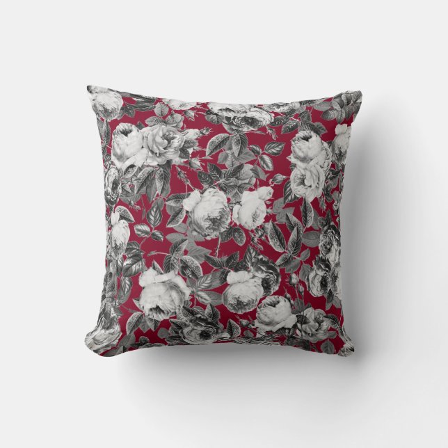 Elegant  Black White Rozen op Bourgogne Kussen (Voorkant)