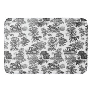 Elegant Black White Rustic Horses Toile Badmat