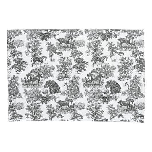 Elegant Black White Rustic Horses Toile Kussensloop (Voorkant-Links)