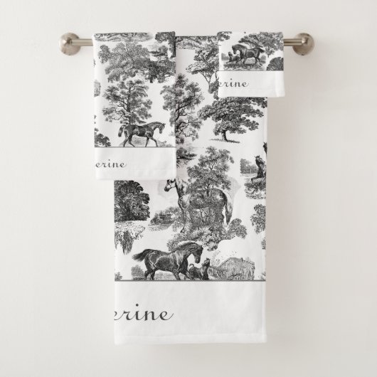Elegant Black White Rustic Horses Toile Name Bad Handdoek (Insitu)