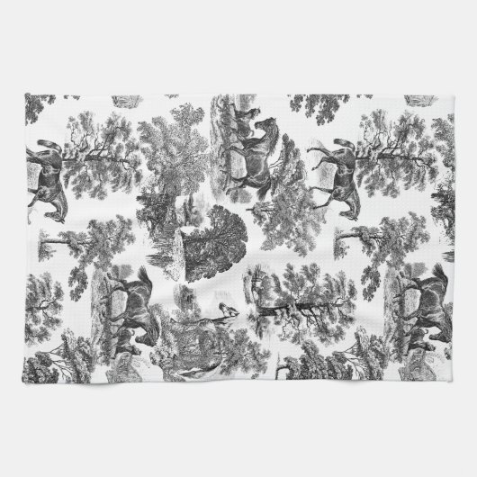 Elegant Black White Rustic Horses Toile Theedoek (Horizontaal)
