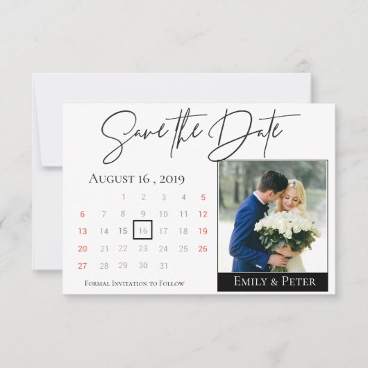 Elegant Black White Script Calendar Weduwfoto Save The Date (Voorkant)