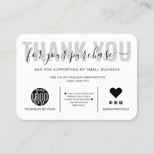 Elegant Black White Script Logo Klant Bedankt Visitekaartje (Voorkant)