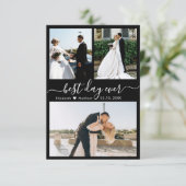 Elegant Black White Script Photo Collage Wedding Bedankkaart (Staand voorkant)