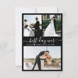 Elegant Black White Script Photo Collage Wedding Bedankkaart